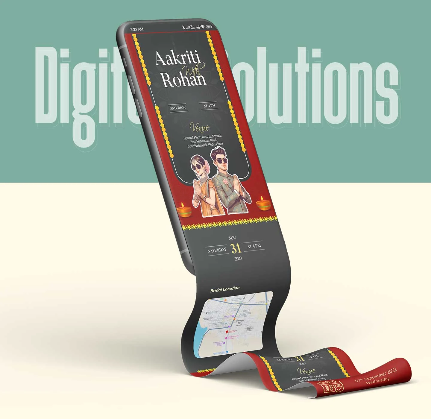 A beautiful digital wedding invitation displayed on a smartphone.